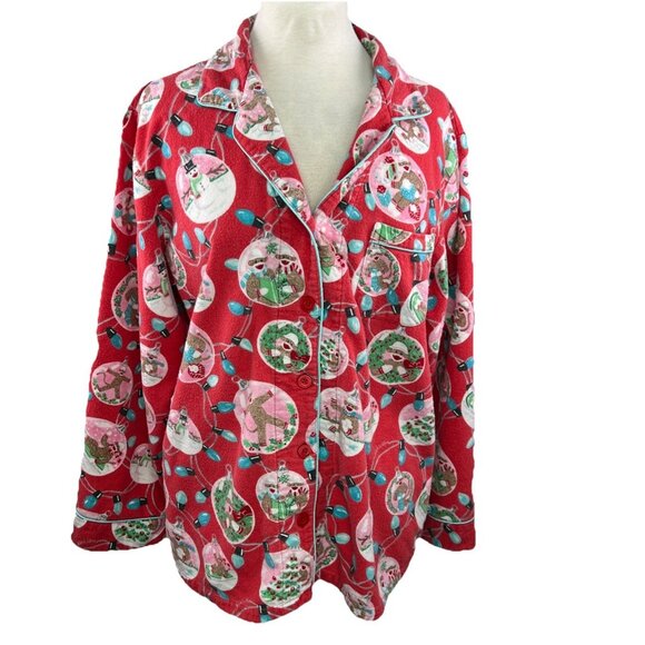 Nick & Nora Size XL Christmas Sock Monkey 2 Pc Flannel Pajama Set Women Red - Picture 2 of 11